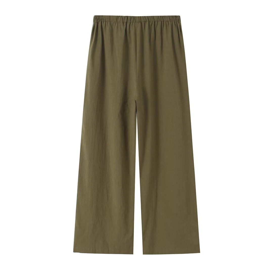 Damen Leichte weite Leinenoptik-Hose mit elastischem Tunnelzug und Holzperlen Drune