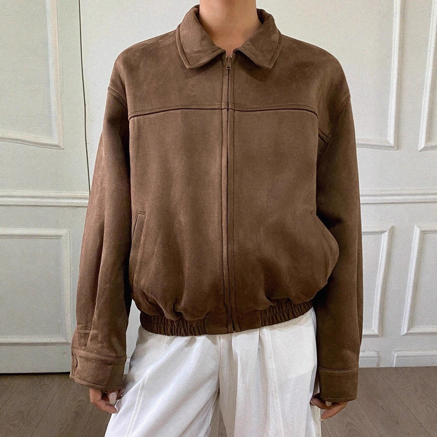 Damen Oversized Wildlederoptik Bomberjacke mit Reißverschluss und elastischem Saum Drune