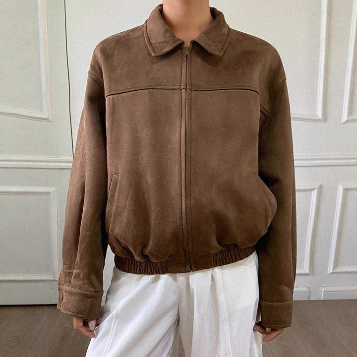 Damen Oversized Wildlederoptik Bomberjacke mit Reißverschluss und elastischem Saum Drune