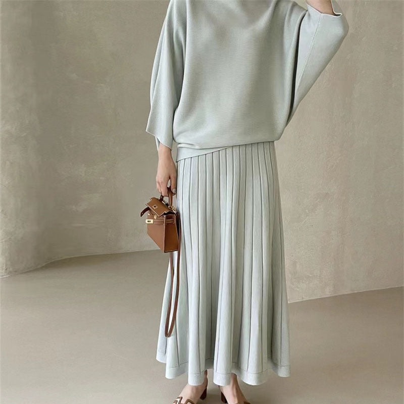 Damen Feines Strick-Set aus Viskosemix mit Oversize-Pullover und plissiertem Maxi-Rock Drune