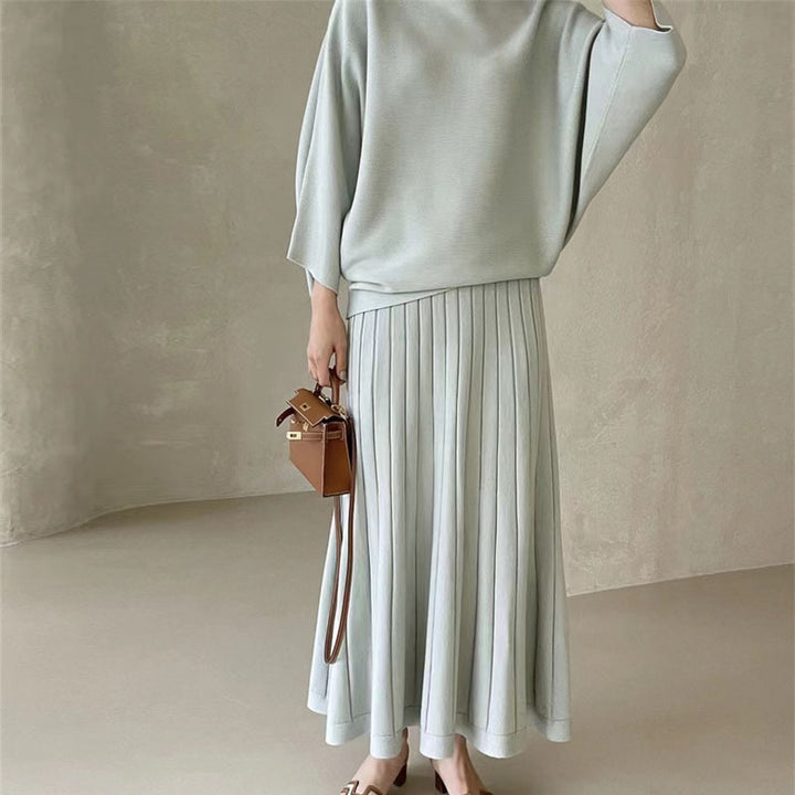 Damen Feines Strick-Set aus Viskosemix mit Oversize-Pullover und plissiertem Maxi-Rock Drune