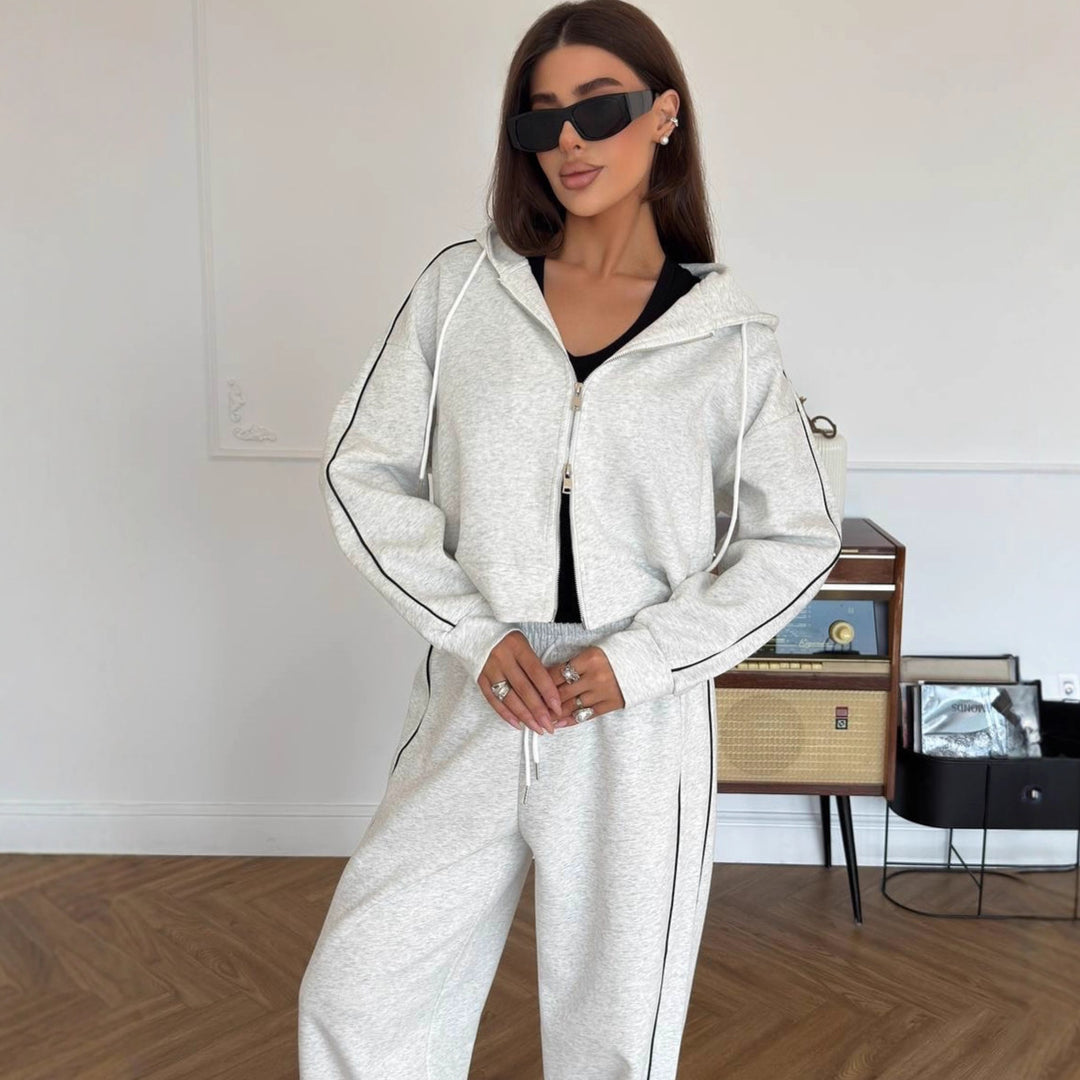 Damen Lässiges zweiteiliges Lounge-Set mit oversized Zipjacke und weitem Kordelzug-Hosenbund Drune