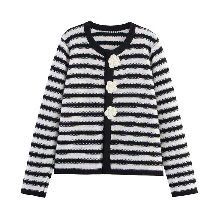 Damen gestreifte Strickjacke mit floralen Knopfdetails Drune