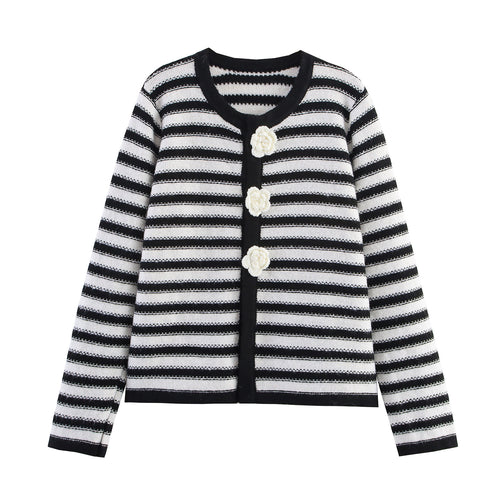Damen gestreifte Strickjacke mit floralen Knopfdetails Drune