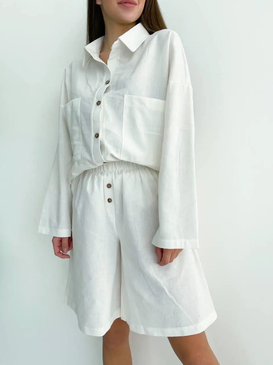 Damen Relaxed Fit Button-Up Shirt und elasticalm Bund Shorts Set Drune