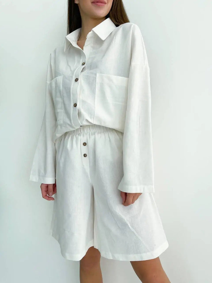 Damen Relaxed Fit Button-Up Shirt und elasticalm Bund Shorts Set Drune