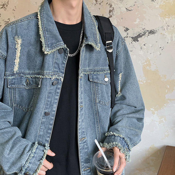 Herren Oversize Jeansjacke mit Used‑Look, ausgefransten Kanten und Druckknöpfen Drune