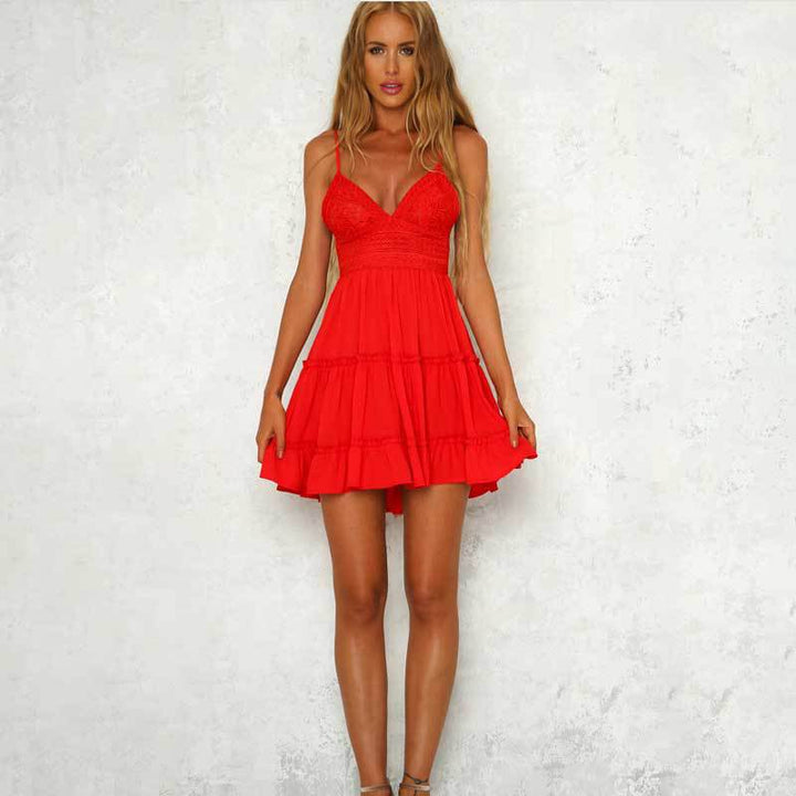 Damen Sommerliches Minikleid mit romantischem Rüschensaum und Spaghettiträgern Drune