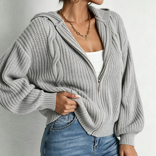Damen Kapuzen-Cardigan im Grobstrick mit Zopfmuster und Reißverschluss Drune