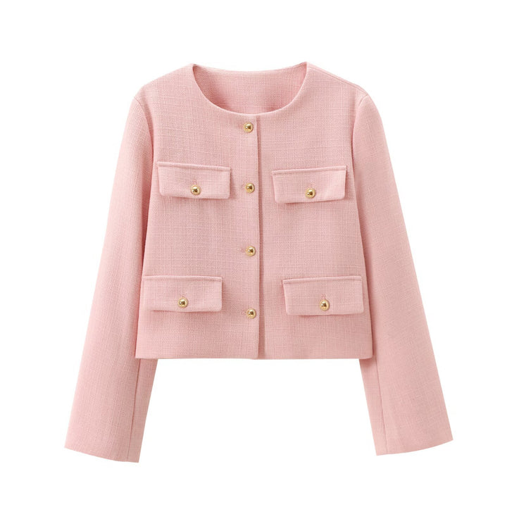 Damen nan kurz geschnittene Bouclé-Tweedjacke mit Rundhalsausschnitt Zierknopfdetails und aufgesetzten Pattentaschen Drune
