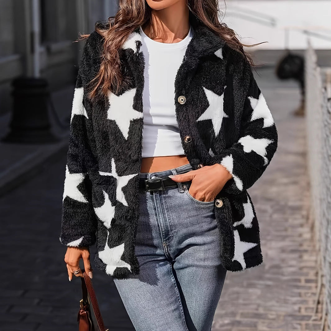 Damen Flauschige Jacke mit Sternenmuster und Knopfverschluss Drune