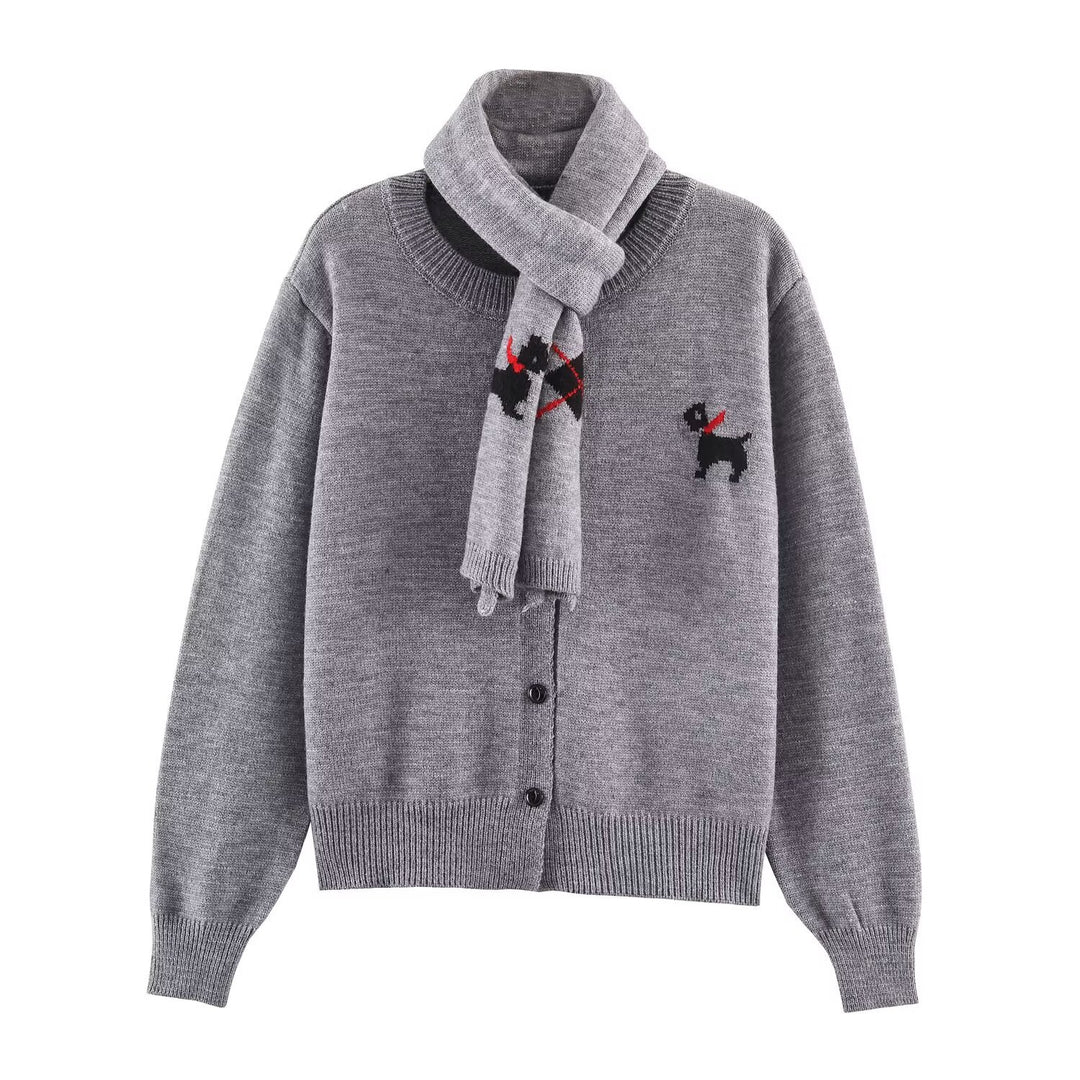 Damen Gestrickte Kurzjacke mit integriertem Schal und Hundeintarsie Drune