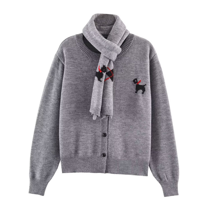 Damen Gestrickte Kurzjacke mit integriertem Schal und Hundeintarsie Drune