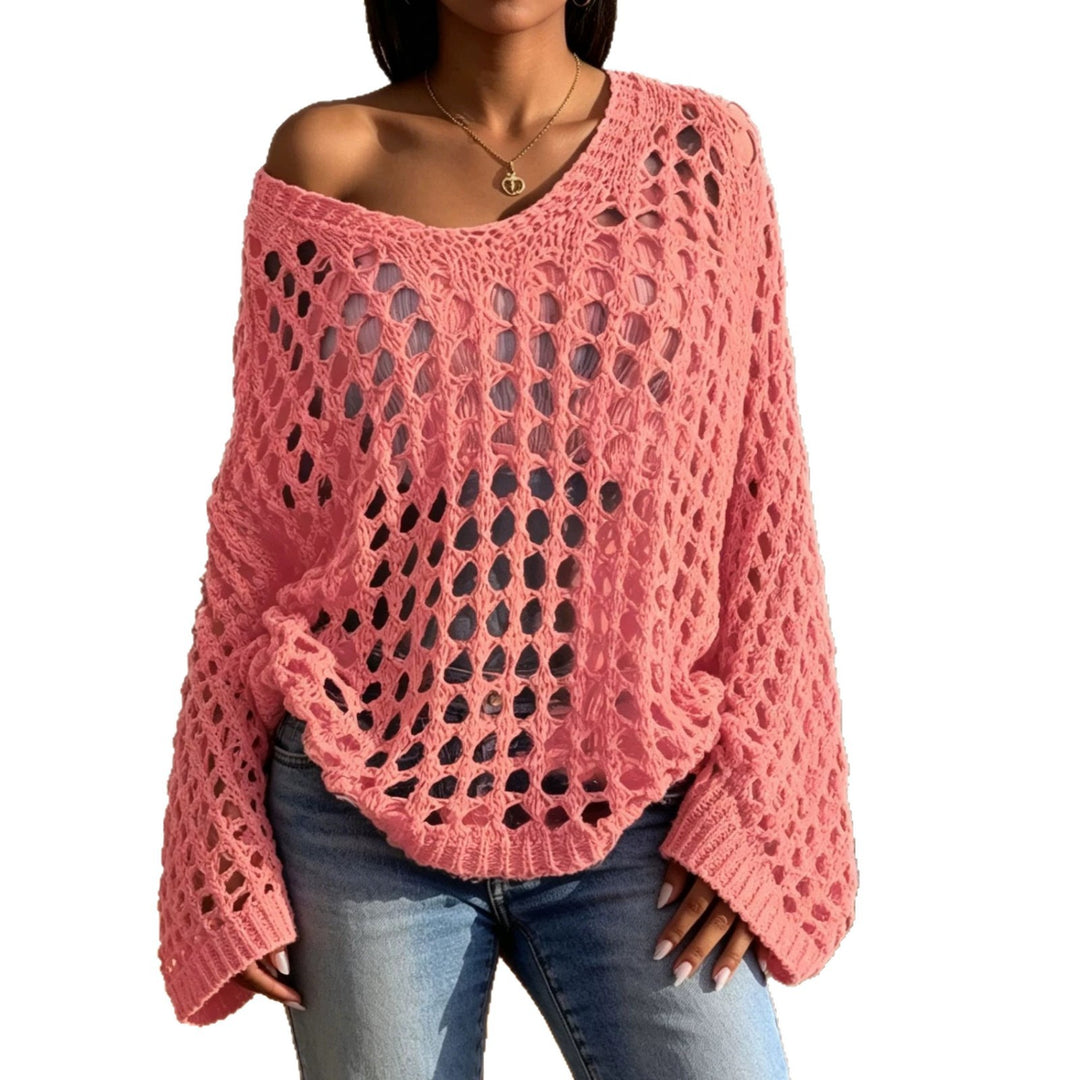 Damen Lockerer gehäkelter Oversize-Ajour-Pullover mit V-Ausschnitt Drune