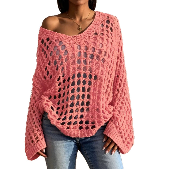 Damen Lockerer gehäkelter Oversize-Ajour-Pullover mit V-Ausschnitt Drune