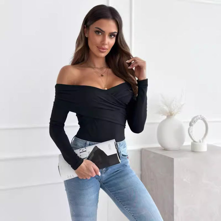 Damen schulterfreies Langarm-Oberteil mit elegantem Raffungseffekt Drune