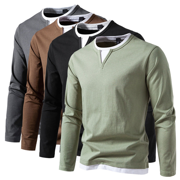 Herren Langarmshirt mit Lagen-Look und markantem Schlitzkragen Drune