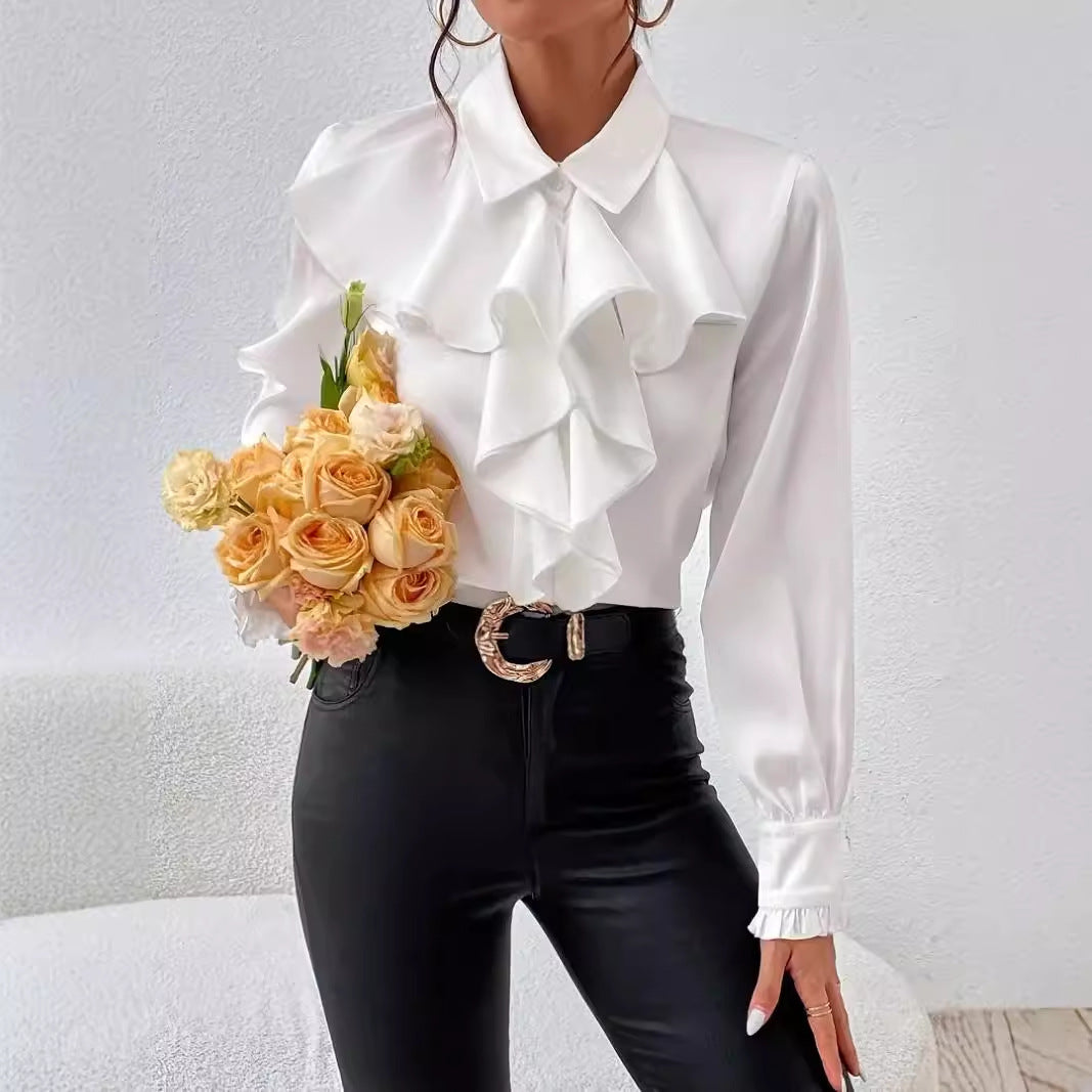 Damen elegante Rüschenbluse mit langem Arm und femininer Silhouette Drune