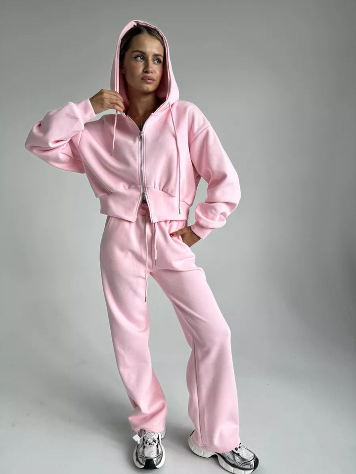 Damen gekürzte Zip-Kapuzenjacke mit formender Taillennaht und relaxed High-Waist Loungehose Drune