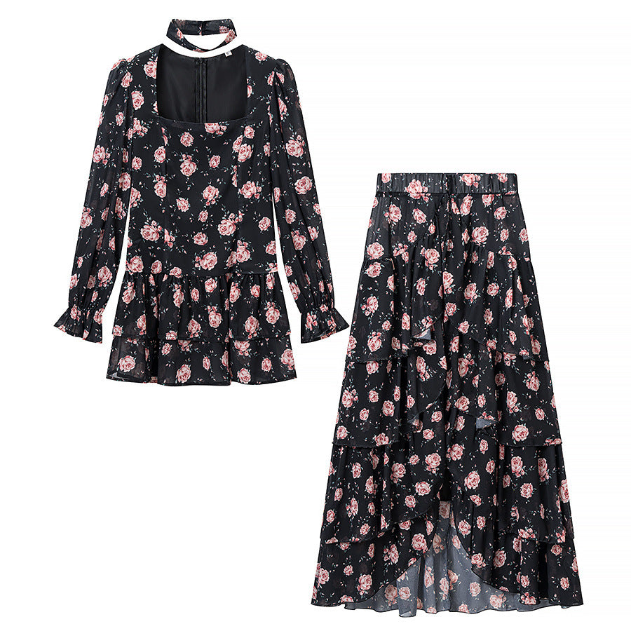 Damen Zweiteiliges Chiffon-Set mit Chokerbluse und stufigem Maxirock Drune