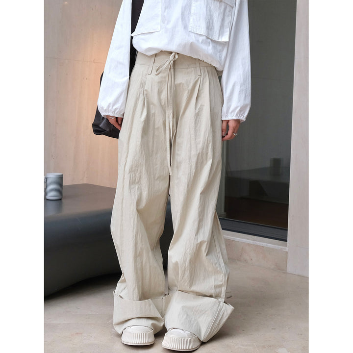 Damen Weite High‑Waist Palazzohose mit Tunnelzug, Bundfalten und extra weitem Bein Drune
