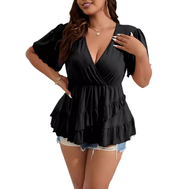 Damen Wickelshirt mit V-Ausschnitt, geraffter Taille und gestuften Volants Drune