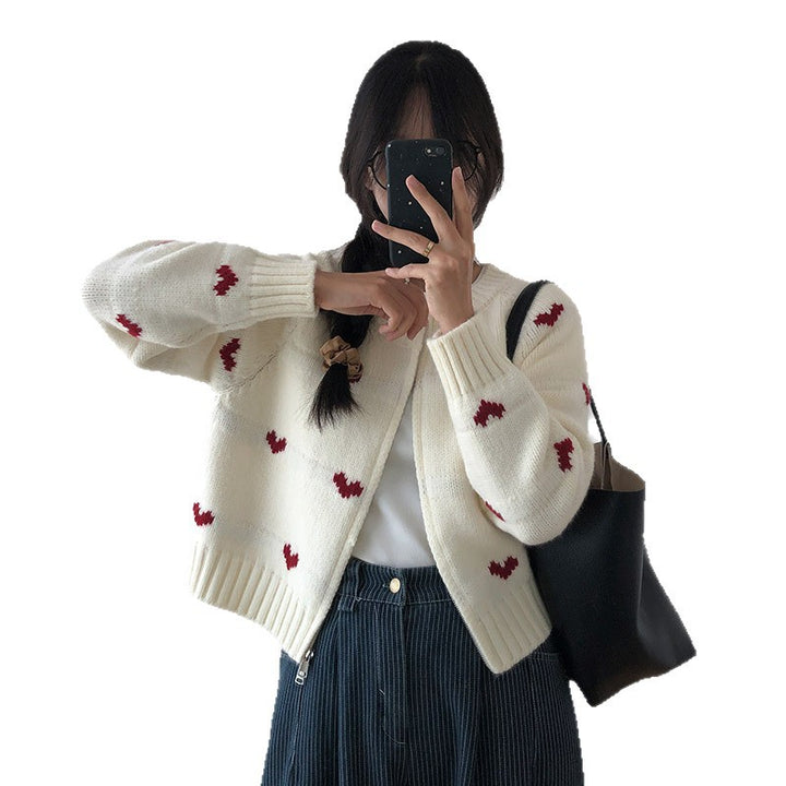 Damen gemütliche Strickjacke mit Herzmotiv und eleganter Knopfdetail Drune