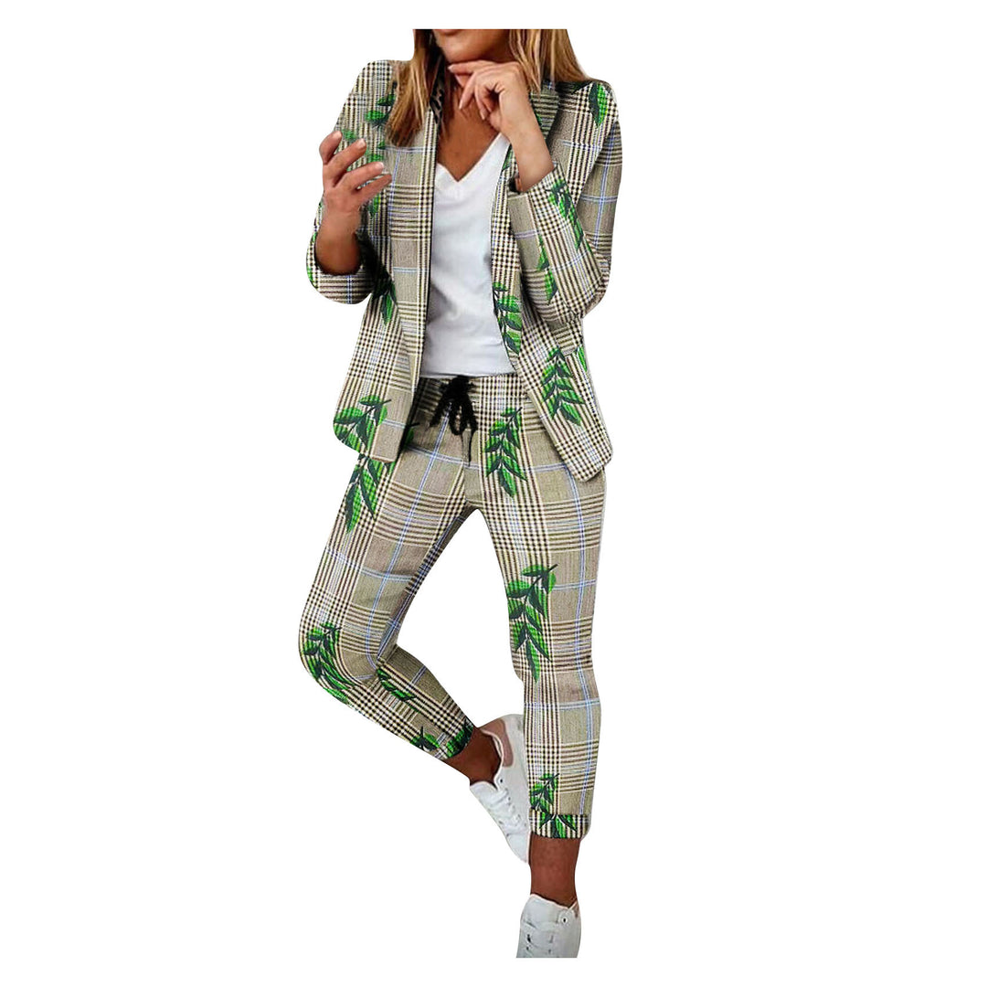 Zweiteiliges Set für Damen: Hosenanzug mit Muster, bestehend aus einem langärmeligen Blazer (offene Front, taillierter Schnitt) und einer unifarbenen langen Hose – ideal fürs Büro – DRUNE