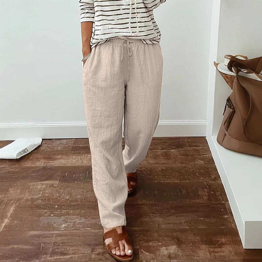 Leichte Damen-Leinenoptik-Hose mit elastischem Kordelzug, Fronttaschen und weitem Bein Drune