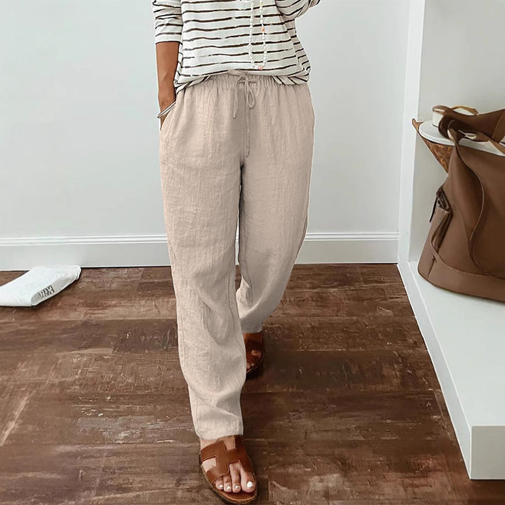 Leichte Damen-Leinenoptik-Hose mit elastischem Kordelzug, Fronttaschen und weitem Bein Drune