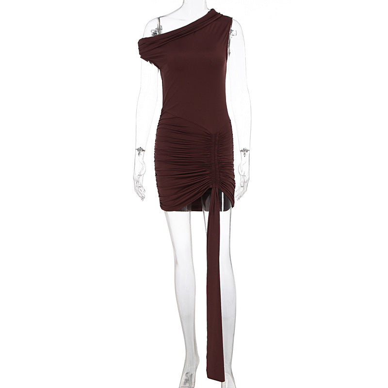 Damen Einseitig Schulterfreies Minikleid mit Drapierung und Raffung Drune