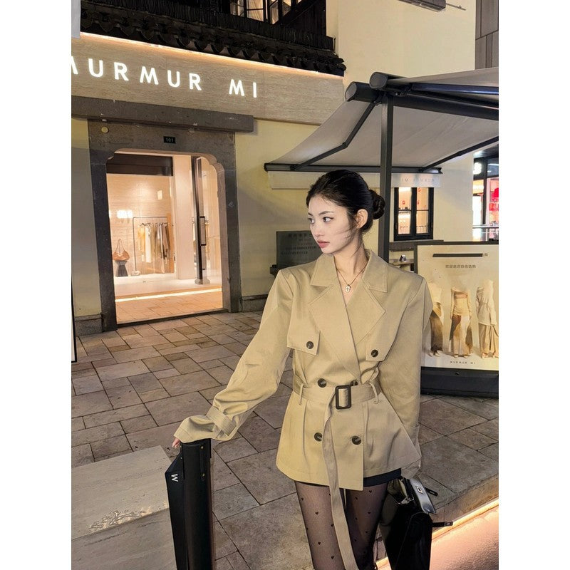 Damen Kurzer taillierter Trenchcoat-Blazer mit Doppelreihe und Taillengürtel Drune