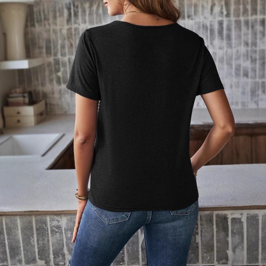 Damen Trendiges T-Shirt mit gestreiftem Design und Leder-Tasche Drune