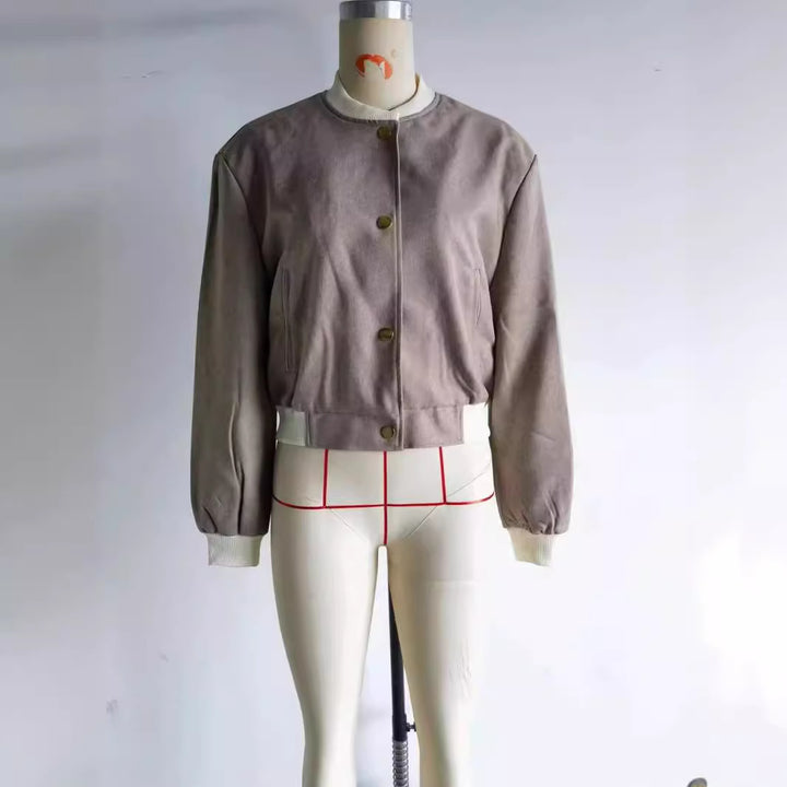 Damen nan cropped College-Bomber mit kontrastbündchen, verdeckter Druckknopfleiste und Leistentaschen Drune