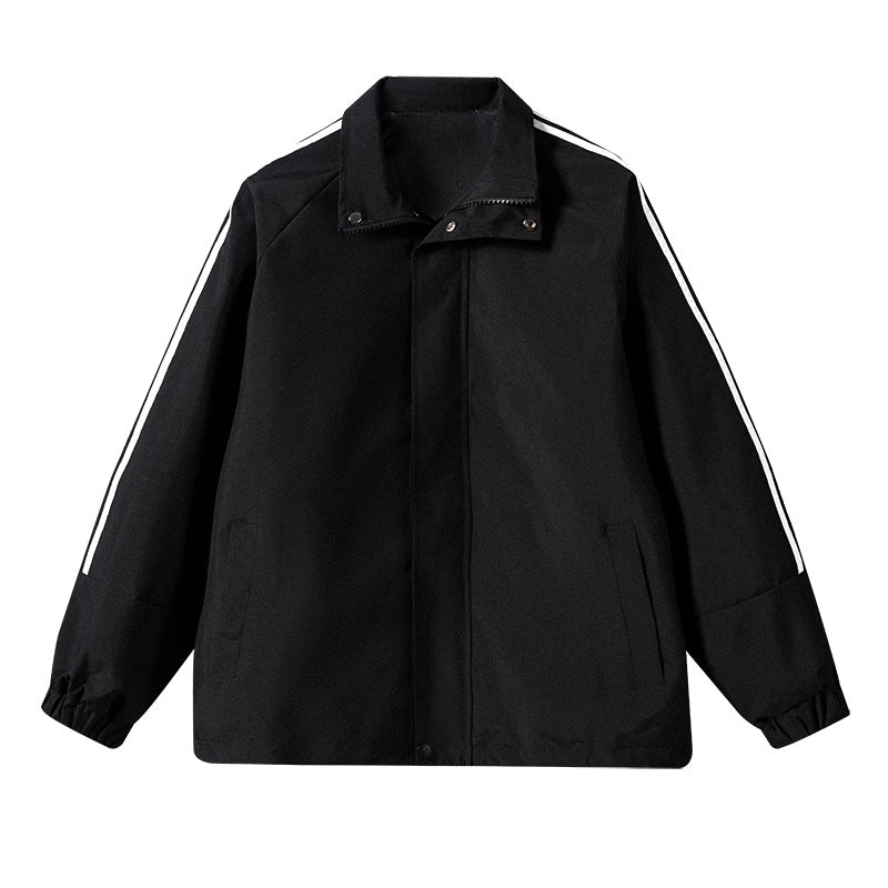 Herren Leichte Retro-Track-Übergangsjacke mit Stehkragen und Ärmelstreifen Drune