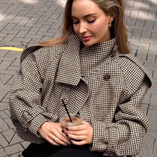 Damen Oversize-Trenchcoat mit Hahnentritt-Muster, hohem Stehkragen und Schulterklappen Drune
