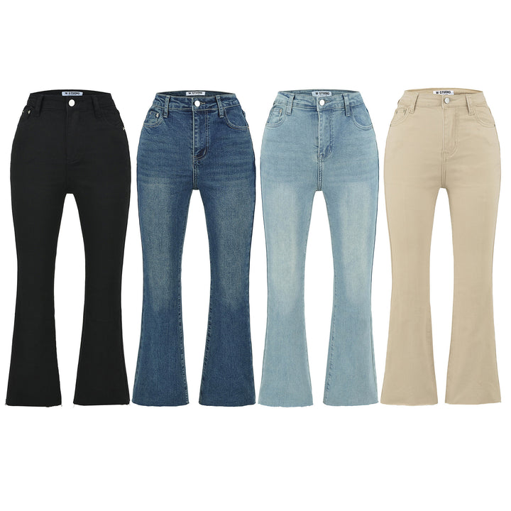 Damen Highwaist-Schlaghose aus Stretch-Denim mit fünf Taschen und rohem Saum Drune