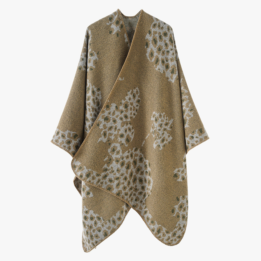 Damen Wolloptik-Überwurf mit gewebtem Leopard-Jacquard und offenem Zipfelrand Drune