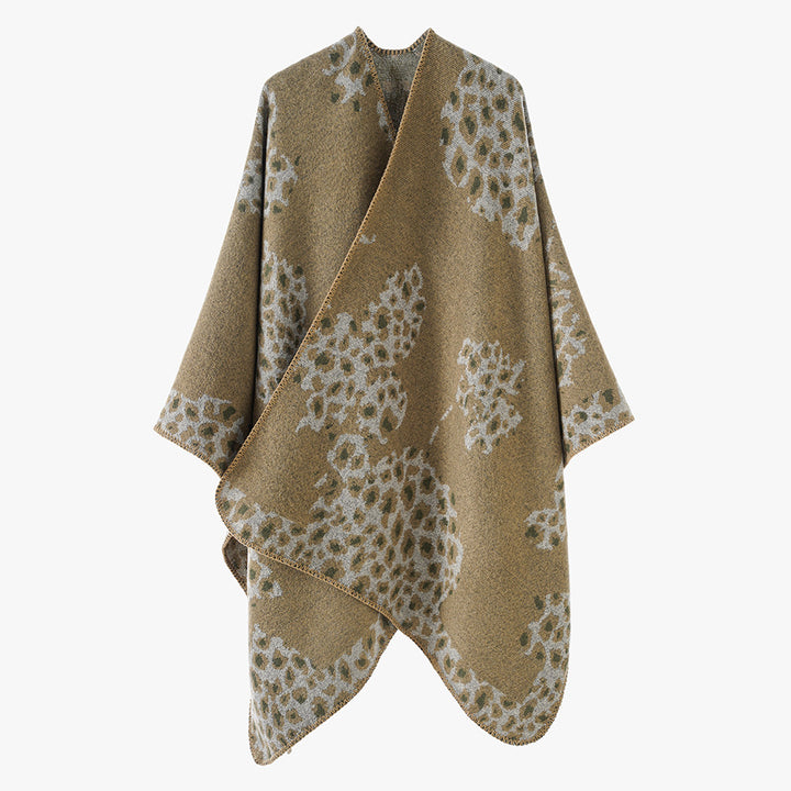 Damen Wolloptik-Überwurf mit gewebtem Leopard-Jacquard und offenem Zipfelrand Drune