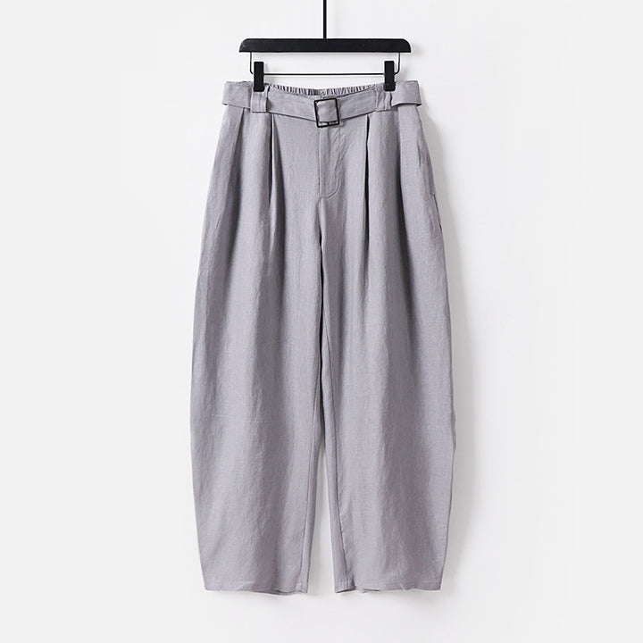 Damen Hochgeschnittene weite Leinenmix-Hose mit Bundfalten und Stoffgürtel Drune
