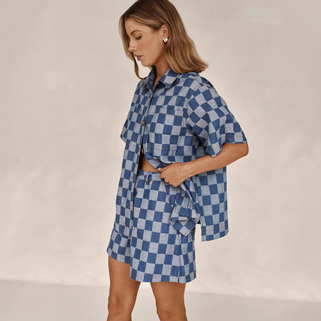 Damen Karierter Hemden-Set aus Denim Drune