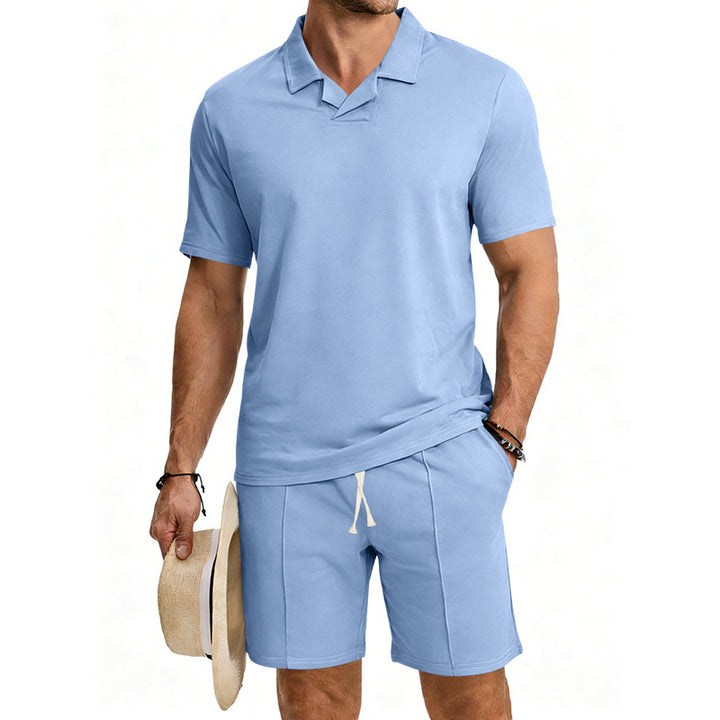 Herren nan kurzärmeliges Polo-Lounge-Set mit V-Einsatz am Kragen und Kordelzug-Bermuda Drune