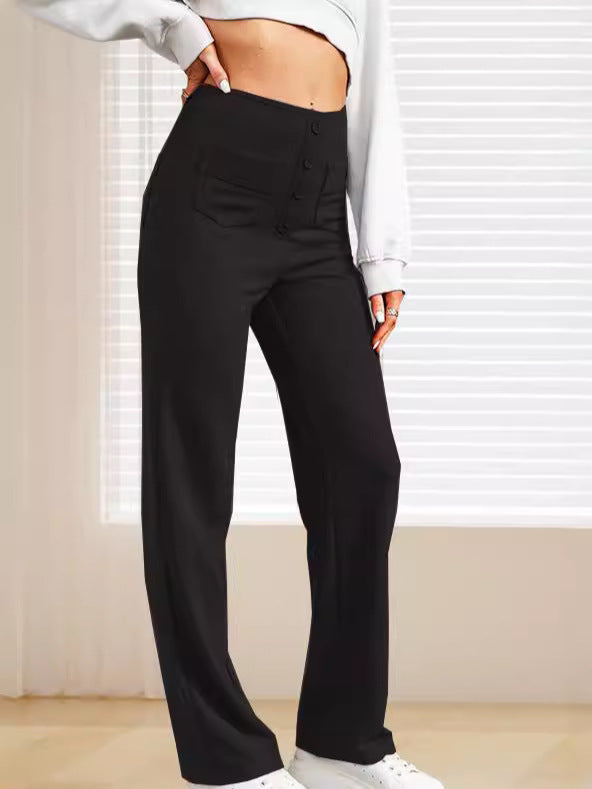 Damen elegante High-Waist-Hose mit Knopfdetails und praktischen Taschen Drune