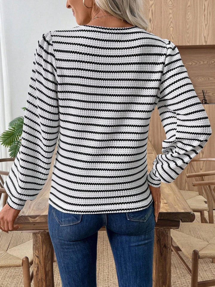 Damen Gestreifter Feinstrick-Pullover mitWaffelstruktur und Rundhalsausschnitt Drune
