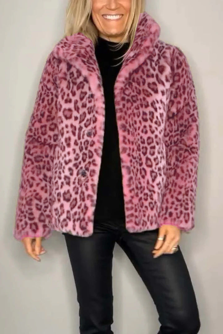 Damen Flauschige Leopardmuster Jacke mit hohem Kragen Drune