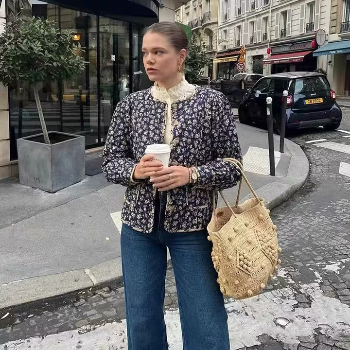 Damen Steppjacke mit floralem Allover‑Muster, rundem Ausschnitt und aufgesetzten Taschen Drune