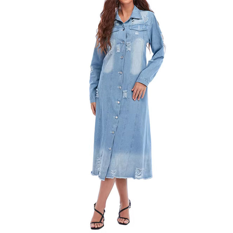 Damen nan langärmliges Jeans-Maxikleid mit Knopfleiste und Used-Details Drune