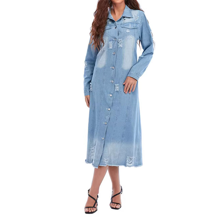 Damen nan langärmliges Jeans-Maxikleid mit Knopfleiste und Used-Details Drune