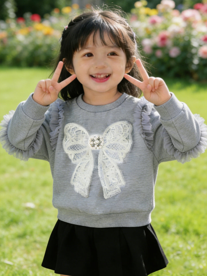 Mädchen Sweatshirt mit Rüschendetails und dekorativem Schleifenmotiv Drune