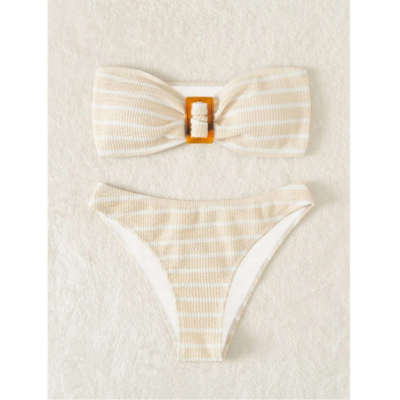 Damen Bandeau-Bikini-Set mit dekorativem Ring und verspieltem Streifenmuster Drune